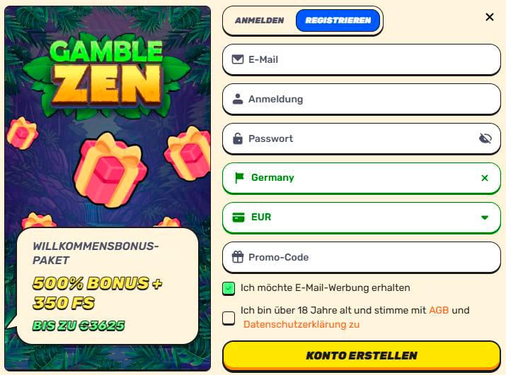 Anmeldeformular Gamblezen Casino